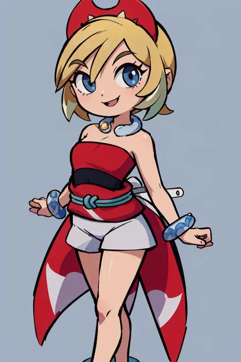 ((masterpiece,best quality)), absurdres, <lora:irida_(pokemon)_v1:0.7>, aairida, short hair, red hairband, neck ring, collar, strapless shirt, red shirt, bracelet, sash, waist cape, white shorts, bare legs, solo, smiling, looking at viewer, cowboy shot, ,