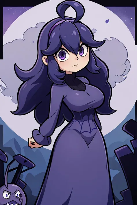 masterpiece, best quality, highres, aahex, hex maniac \(pokemon\), long hair, ahoge, purple hairband, purple eyes, @_@, large breasts, long dress, black dress, long sleeves, <lora:hex_maniac_v1:0.7>, arms behind back, outdoors, full moon,
