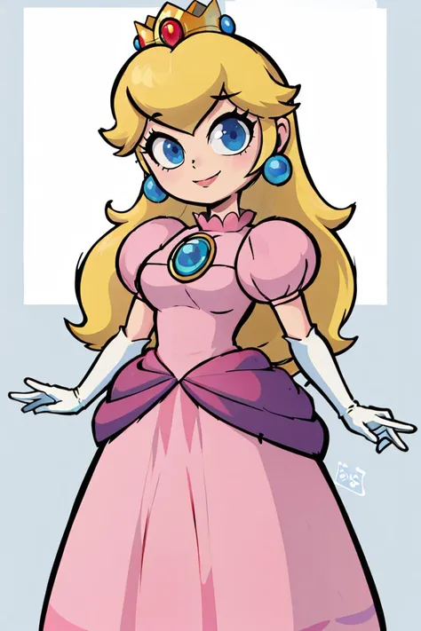 ((masterpiece,best quality)), absurdres, <lora:Princess_Peach_Nintendo:0.8>, Princess_Peach, (pink dress), blonde hair, blue eyes, long hair, crown, gem, gloves, puffy sleeves, short sleeves, white gloves, solo, smiling, looking at viewer, cowboy shot,