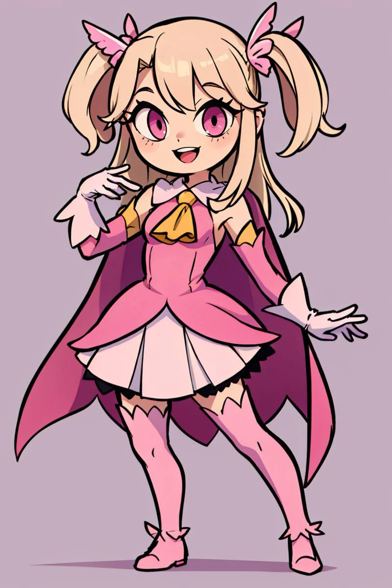masterpiece, best quality, highres, aaillya, long hair, two side up, hair ornament, small breasts, magical girl, cape, yellow ascot, pink dress, sleeveless, detached sleeves, white gloves, white skirt, pink thighhighs, <lora:illyasviel_von_einzbern_(fate_kaleid_liner)_v1:0.7>, smile, open mouth, standing, contrapposto,