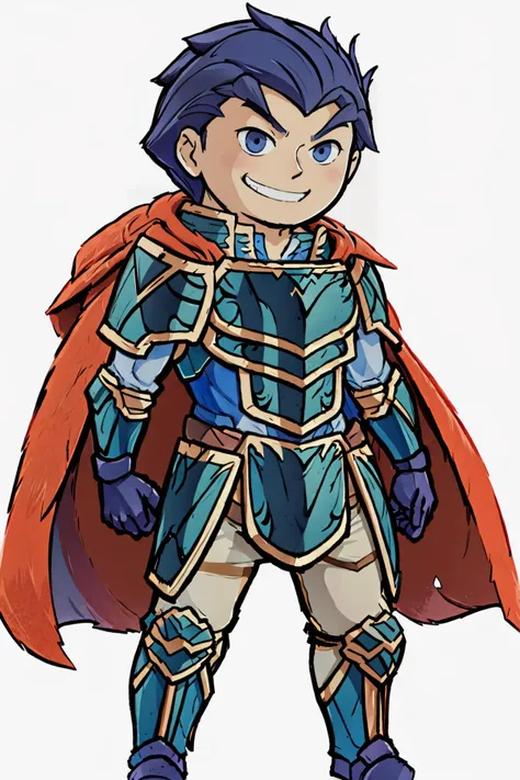 masterpiece, best quality, <lora:GoodHands-beta2:1> <lora:Hector_FE-10:0.8> <lora:Hector_FE:0.9> standing, grin, solo, hector fe, cape, gloves, armor, boots, shoulder armor, simple background,
