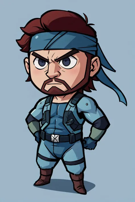 masterpiece, best quality, <lora:GoodHands-beta2:1> full body, <lora:solidsnake-nvwls-v1-final:0.8> solid snake, facial hair, blue bodysuit, gloves, headband