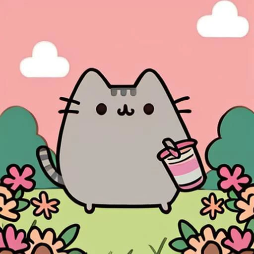 Pusheen playing with yarn in a springtime meadow