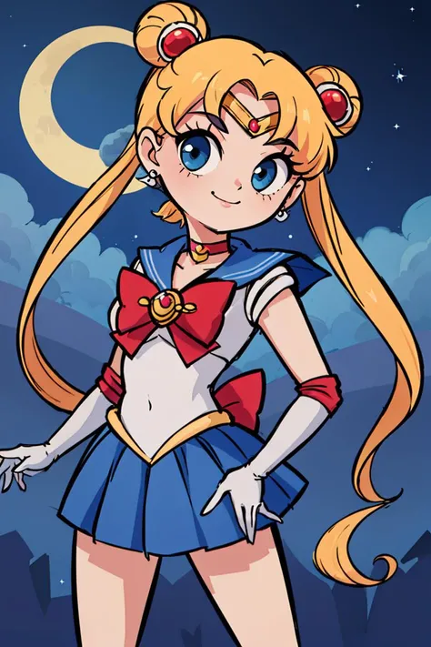 masterpiece, best quality, highres, 1girl, aausagi, double bun, twintails, parted bangs, circlet, jewelry, earrings, choker, red bow, white gloves, elbow gloves, blue skirt, <lora:sailor_moon_v1:0.7>, standing, cowboy shot, night, outdoors, moon, smile