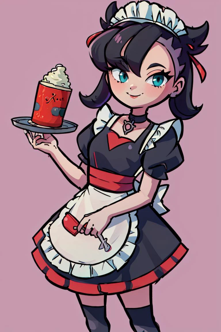 ((masterpiece,best quality)), absurdres, <lora:Marnie_Pokemon_Dim32:0.8>, Marnie_Pokemon, aqua eyes, black choker, red ribbon, jewelry, maid outfit, maid headdress, black dress,apron, zettai ryouiki, solo, smiling, looking at viewer, cowboy shot, ,