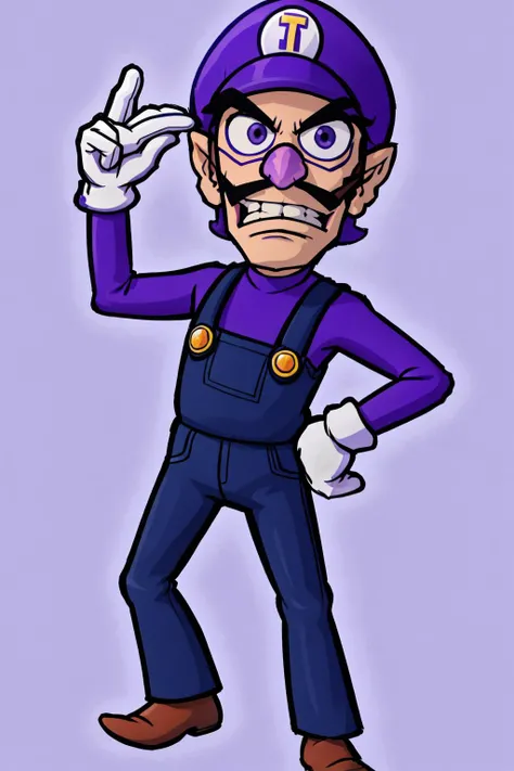 masterpiece, best quality, cowboy shot, <lora:GoodHands-beta2:1> Waluigi, overalls, white gloves, facial hair, purple shirt, headwear, hand on hip, <lora:Waluigi2:0.85>