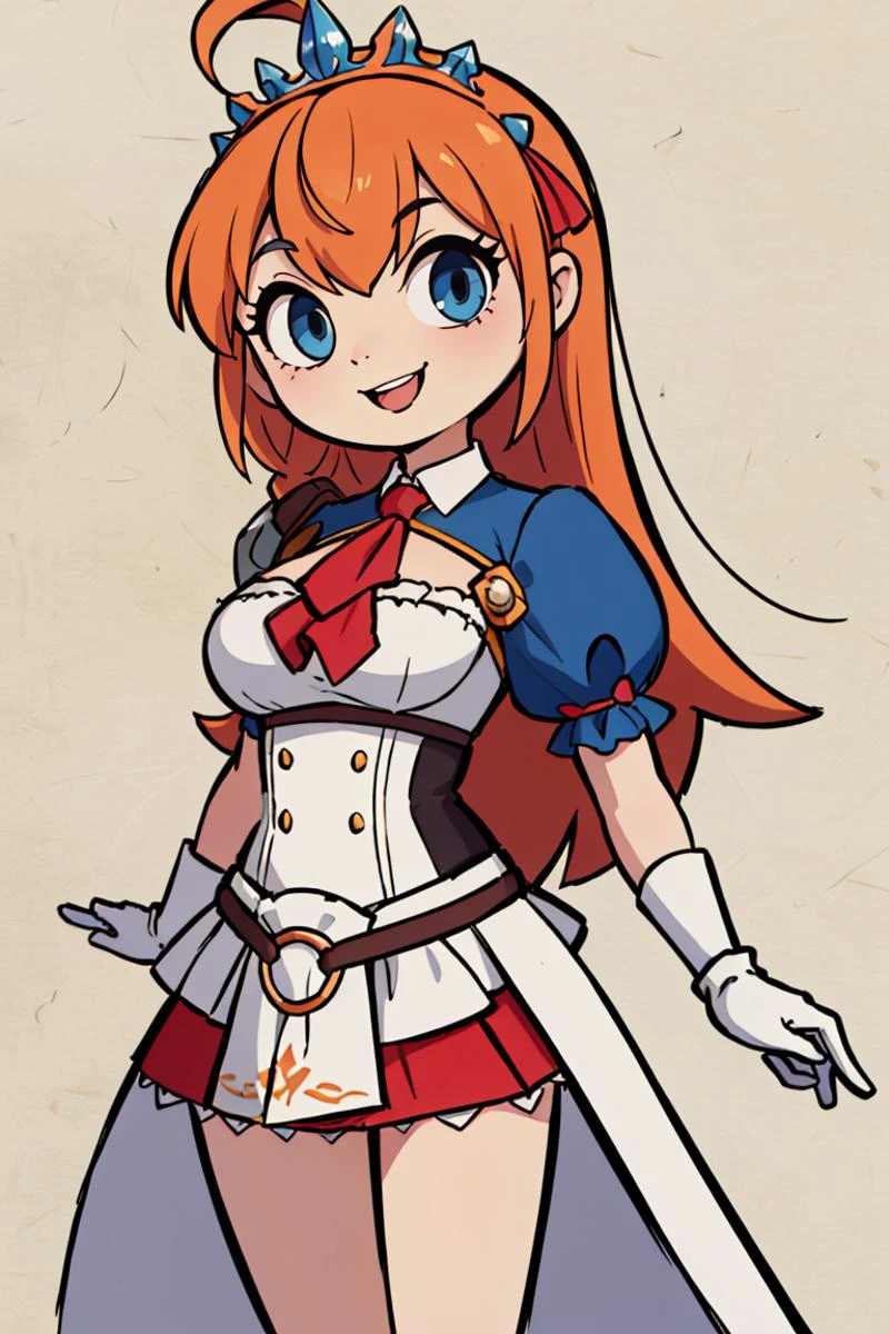 ((masterpiece,best quality)), absurdres, <lora:pecorine_v1:0.7>, aapeco, very long hair, ahoge, braid, tiara, hair ribbon, red ascot, cleavage, shrug (clothing), shoulder armor, white dress, short sleeves, white gloves, pleated skirt, red skirt, cowboy shot, smile,