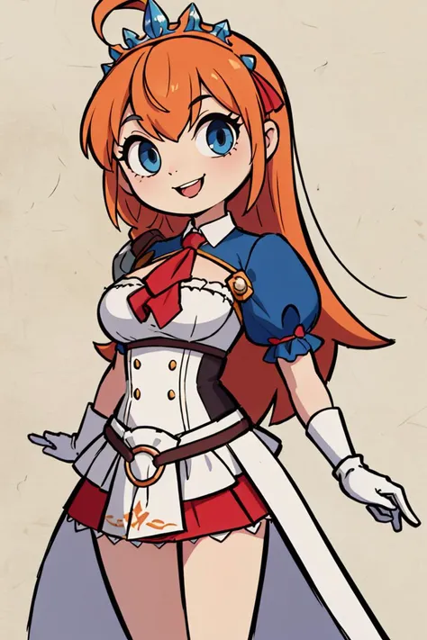 ((masterpiece,best quality)), absurdres, <lora:pecorine_v1:0.7>, aapeco, very long hair, ahoge, braid, tiara, hair ribbon, red ascot, cleavage, shrug (clothing), shoulder armor, white dress, short sleeves, white gloves, pleated skirt, red skirt, cowboy shot, smile,