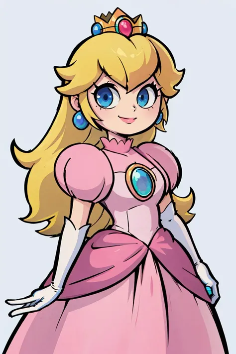 ((masterpiece,best quality)), absurdres, <lora:Princess_Peach_Nintendo:0.8>, Princess_Peach, (pink dress), blonde hair, blue eyes, long hair, crown, gem, gloves, puffy sleeves, short sleeves, white gloves, solo, smiling, looking at viewer, cowboy shot,
