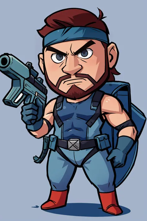 masterpiece, best quality, <lora:GoodHands-beta2:1> full body, <lora:solidsnake-nvwls-v1-final:0.8> solid snake, facial hair, blue bodysuit, gloves, headband, holding water gun,