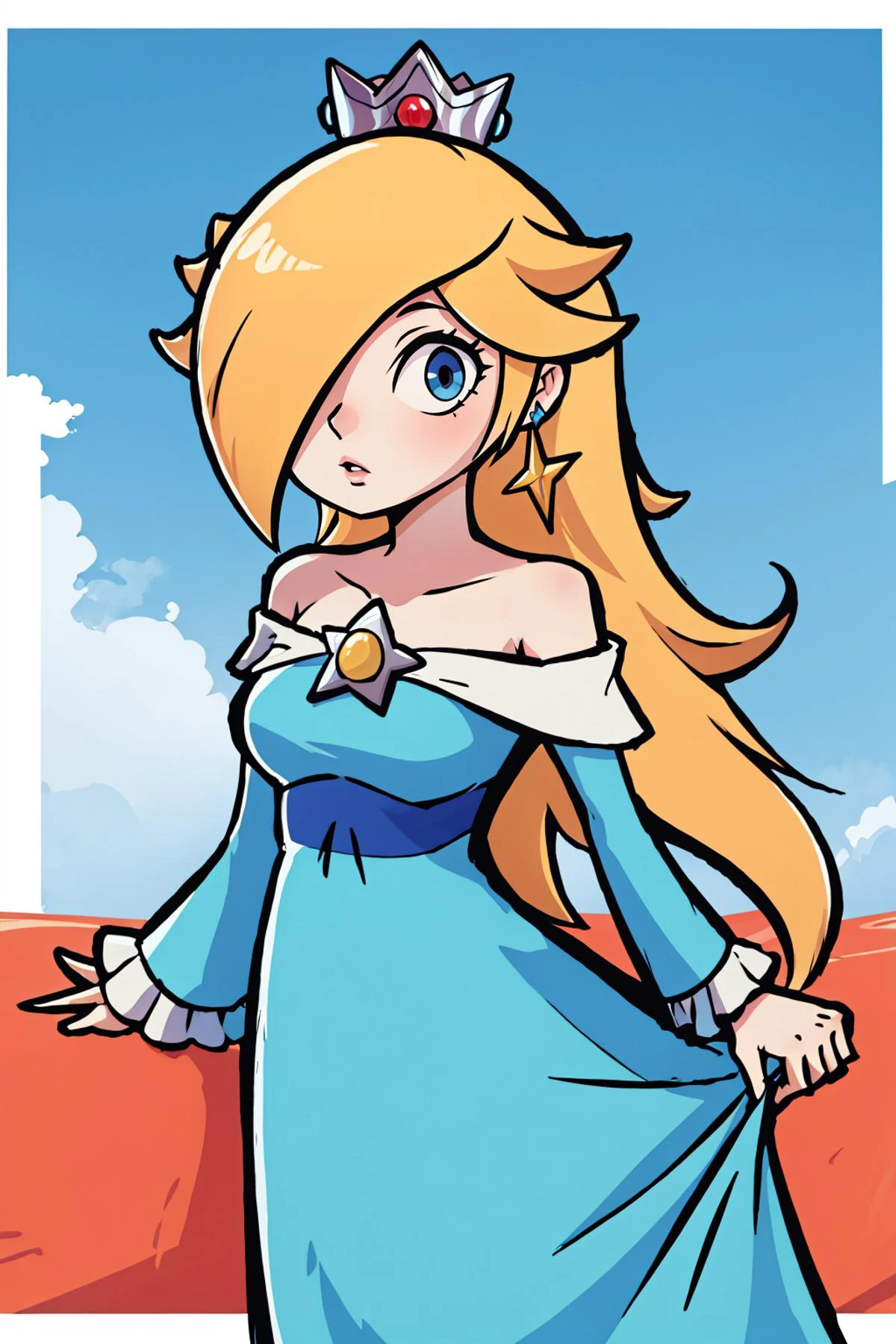 masterpiece, best quality, cowboy shot, <lora:GoodHands-beta2:1> IncrsRosalinaDef, blue dress, <lora:Rosalina:.9> crown, bare shoulders, earring, long hair, luma, hair over one eye,