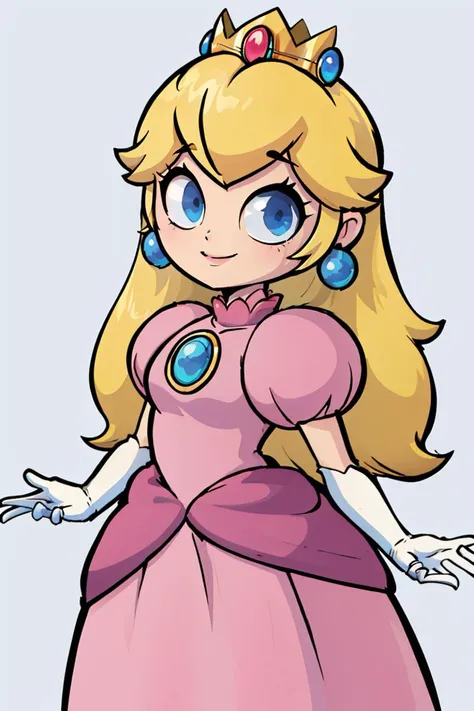 ((masterpiece,best quality)), absurdres, <lora:Princess_Peach_Nintendo:0.8>, Princess_Peach,  (pink dress), blonde hair, blue eyes, long hair, crown, gem, gloves, puffy sleeves, short sleeves, white gloves, solo, smiling, looking at viewer, cowboy shot,