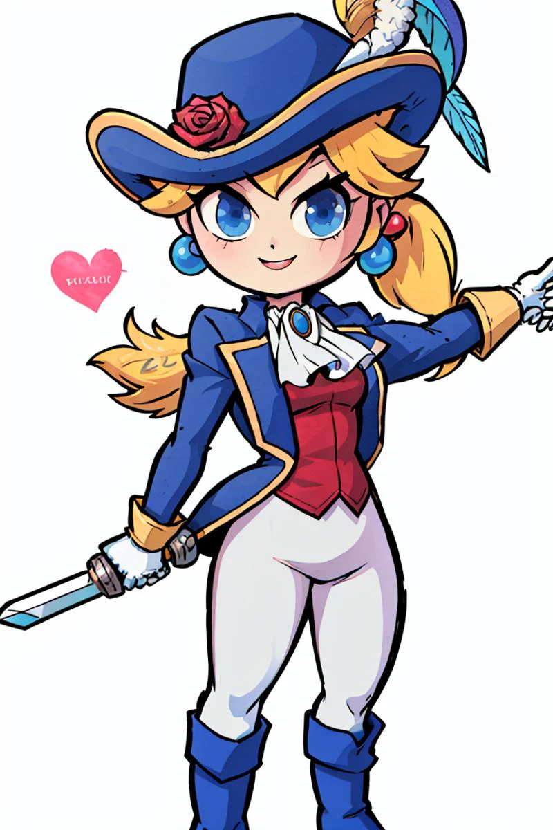 ((masterpiece,best quality)), absurdres, <lora:Princess_Peach_Nintendo:0.8>, Swordfighter_Peach, solo, 1girl, hat, blonde hair, blue eyes, jewelry, earrings, long hair, rapier, hat feather, pants, ascot, red rose, hat flower, ponytail, white pants, white gloves, boots, blue jacket, long sleeves, smiling, looking at viewer, cowboy shot,