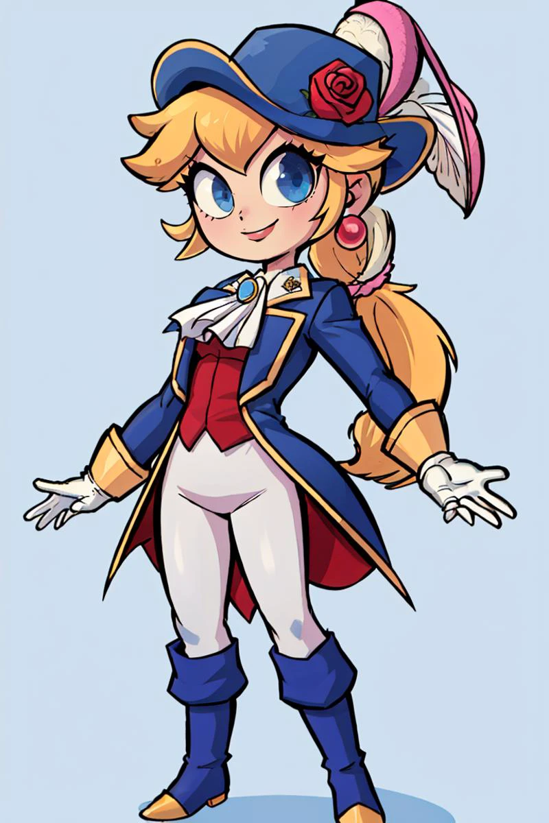 ((masterpiece,best quality)), absurdres, <lora:Princess_Peach_Nintendo:0.8>, Swordfighter_Peach, solo, 1girl, hat, blonde hair, blue eyes, jewelry, earrings, long hair, rapier, hat feather, pants, ascot, red rose, hat flower, ponytail, white pants, white gloves, boots, blue jacket, long sleeves, smiling, looking at viewer, cowboy shot,