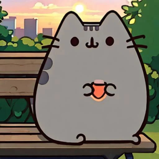 Pusheen, sitting on a park bench in summertime volumetric lighting watching the sunset