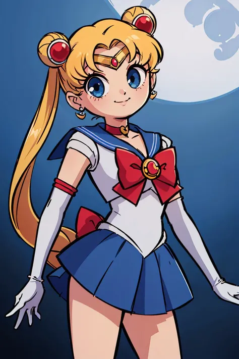 masterpiece, best quality, highres, 1girl, aausagi, double bun, twintails, parted bangs, circlet, jewelry, earrings, choker, red bow, white gloves, elbow gloves, blue skirt, <lora:sailor_moon_v1:0.7>, standing, cowboy shot, night, outdoors, moon, smile