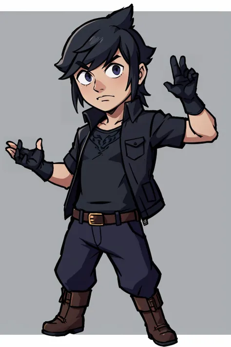 masterpiece, best quality, <lora:GoodHands-beta2:1> <lora:noctis-nvwls-v1-final:0.8> noctis, black jacket, fingerless gloves, black shirt, belt, black pants, boots