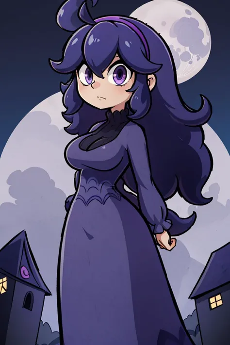 masterpiece, best quality, highres, aahex, hex maniac \(pokemon\), long hair, ahoge, purple hairband, purple eyes, @_@, large breasts, long dress, black dress, long sleeves, <lora:hex_maniac_v1:0.7>, arms behind back, outdoors, full moon,