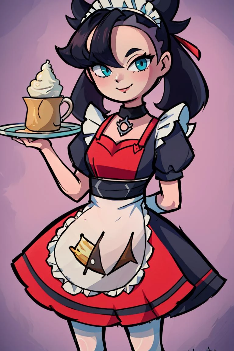 ((masterpiece,best quality)), absurdres, <lora:Marnie_Pokemon_Dim32:0.8>, Marnie_Pokemon, aqua eyes, black choker, red ribbon, jewelry, maid outfit, maid headdress, black dress,apron, zettai ryouiki, solo, smiling, looking at viewer, cowboy shot, ,