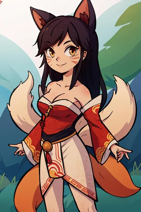 ((masterpiece,best quality)), absurdres, ah1, facial mark, multiple tails, fox tails, korean clothes, cleavage, bare shoulders, detached sleeves, <lora:ahri_v10:0.7>, outdoors, standing, cowboy shot, smile,