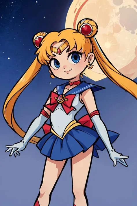 masterpiece, best quality, highres, 1girl, aausagi, double bun, twintails, parted bangs, circlet, jewelry, earrings, choker, red bow, white gloves, elbow gloves, blue skirt, <lora:sailor_moon_v1:0.7>, standing, cowboy shot, night, outdoors, moon, smile