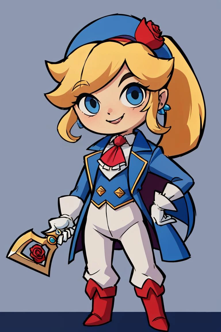 ((masterpiece,best quality)), absurdres, <lora:Princess_Peach_Nintendo:0.8>, Swordfighter_Peach, solo, 1girl, hat, blonde hair, blue eyes, jewelry, earrings, long hair, rapier, hat feather, pants, ascot, red rose, hat flower, ponytail, white pants, white gloves, boots, blue jacket, long sleeves, smiling, looking at viewer, cowboy shot,