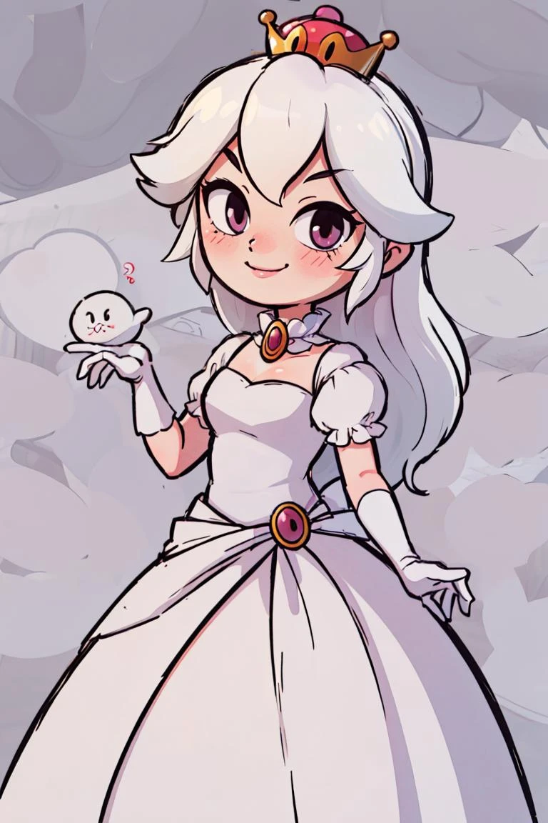 ((masterpiece,best quality)), absurdres, <lora:Boosette_Mario_Anime:0.9>, Boosette_Mario, 1girl, long hair, white hair, long white dress, ballroom dress, white gloves, solo, smiling, blushing, looking at viewer, cowboy shot,