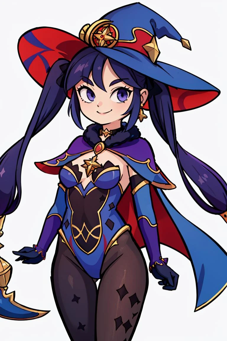 ((masterpiece,best quality)), absurdres, <lora:mona_v1:0.7>, aamona, long hair, twintails, hair ornament, black ribbon, earrings, witch hat, purple headwear, choker, cape, fur trim, gold trim, blue leotard, detached sleeves, gloves, pantyhose, cowboy shot, smile,