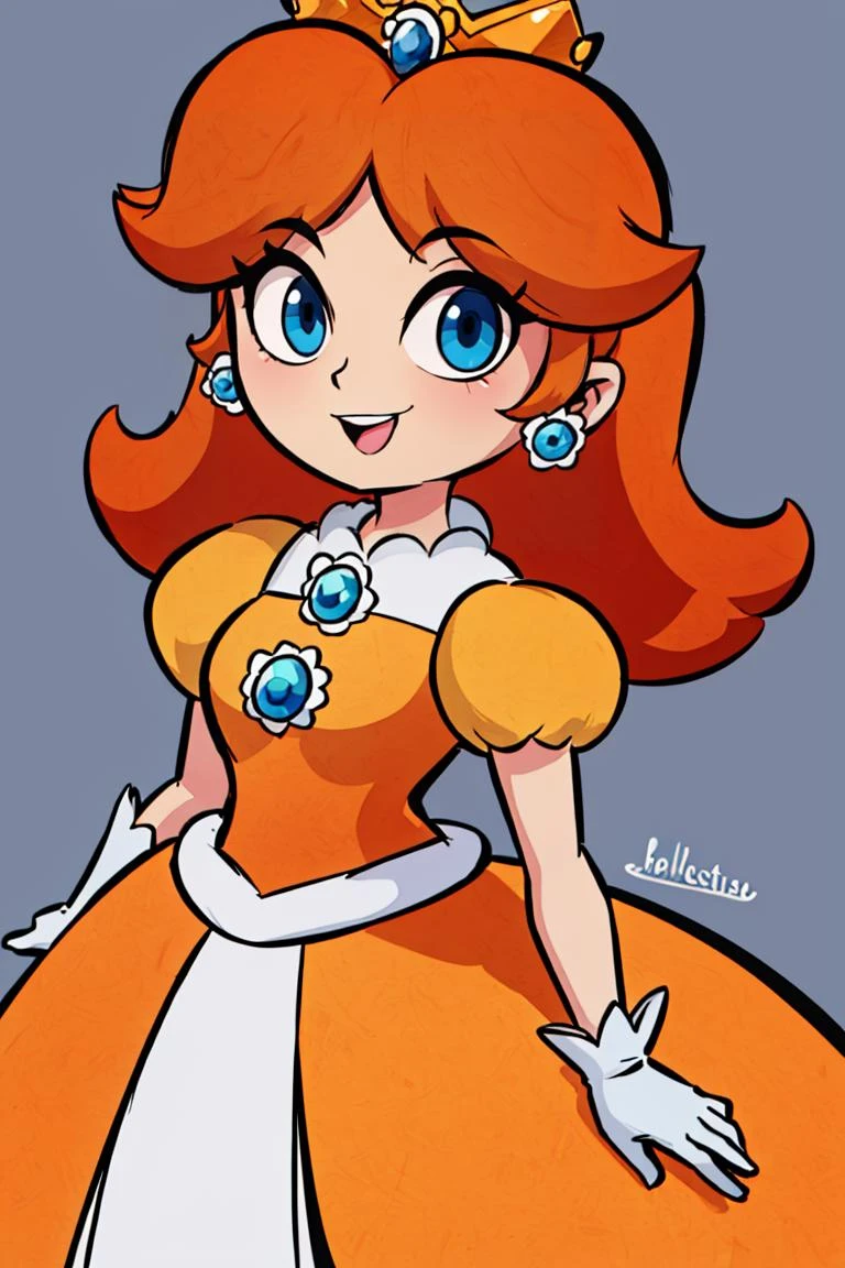 (masterpiece, best quality), 1girl, <lora:princessdaisy-lora-nochekaiser:1> princess daisy, blue eyes, long hair, orange hair, crown, daisy, dress, flower, gem, gloves, orange dress, puffy short sleeves, puffy sleeves, short sleeves, white gloves,smiling,