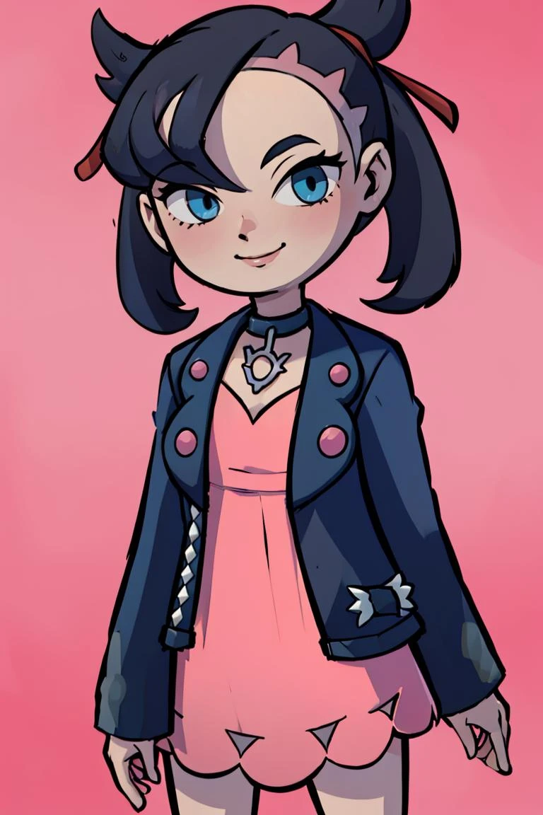 ((masterpiece,best quality)), absurdres, <lora:Marnie_Pokemon_Dim32:0.8>, Marnie_Pokemon, aqua eyes, black choker, red ribbon, jewelry, pink dress, black jacket, open clothes, long sleeves, solo, smiling, looking at viewer, cowboy shot, ,