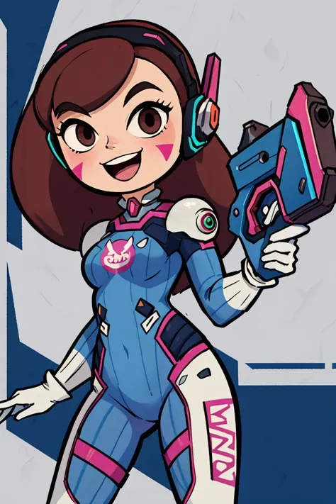 masterpiece, best quality, highres, aahana, long hair, brown hair, headphones, whisker markings, shoulder pads, blue bodysuit, ribbed bodysuit, animal print, clothes writing, long sleeves, white gloves, <lora:d.va_v1:0.8>, cowboy shot, standing, holding weapon, handgun, smile, open mouth, cyberpunk,