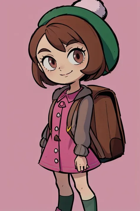 ((masterpiece,best quality)), absurdres,  <lora:gloria_(pokemon)_v1:0.7>,  gloria \(pokemon\), brown hair, solo, backpack, brown eyes, tam o' shanter, grey cardigan, pink dress, short hair, green socks, socks, brown bag, bob cut, bangs, long sleeves, collared dress,  solo, smiling, looking at viewer, cowboy shot,  ,