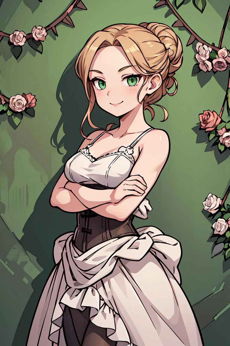 (masterpiece, best quality), female fifty-something, dainty, greek, dark green eyes, narrow forehead, defined jawline, , rose gold
updo hairstyle hair, smile
wearing cotton g-string, bustier, ,
, arms folded, conveying defensiveness