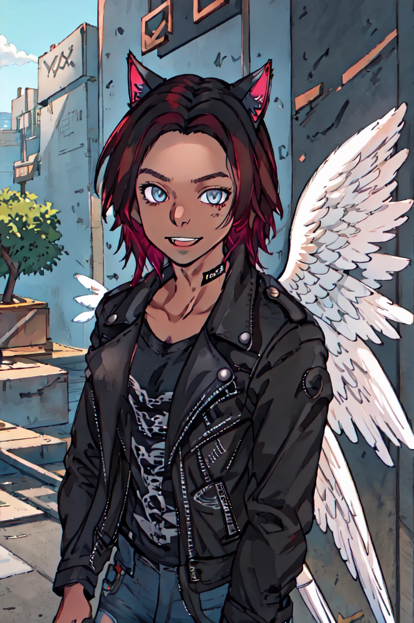 <lyco:Chris_Xvoor-06:1.0>Chris_Xvoor, solo,looking at viewer,black hair, animal ears,jacket, red hair, outdoors, day, pants, cat ears, black jacket, torn clothes, leather, leather jacket, torn jeans, denim jacket, upper body ProfessionalDetail OseaDark