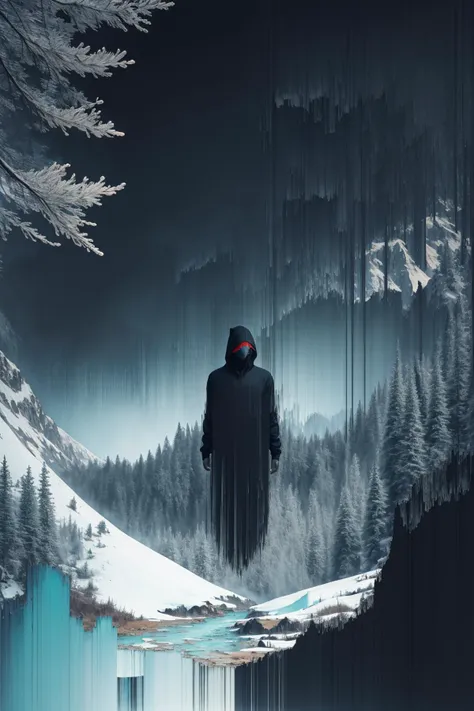 pixel sorting, abstract painting of a man in casual black hood portrait fused with snowy mountain forest, intricate background <lora:Pixel Sorting:1>