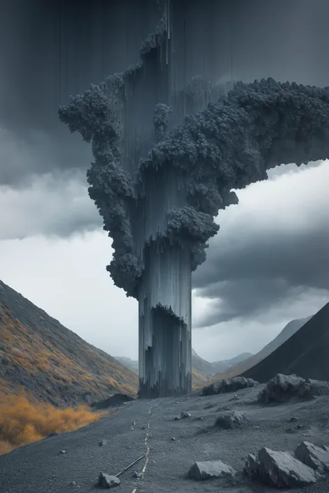 pixel sorting, levitating black slate stone platform closeup, spiral pillars, strata incisions, stratosphere, asphalt and concrete, heavy thunder clouds, frostbite, slate blue atmosphere <lora:Pixel Sorting:1.1>