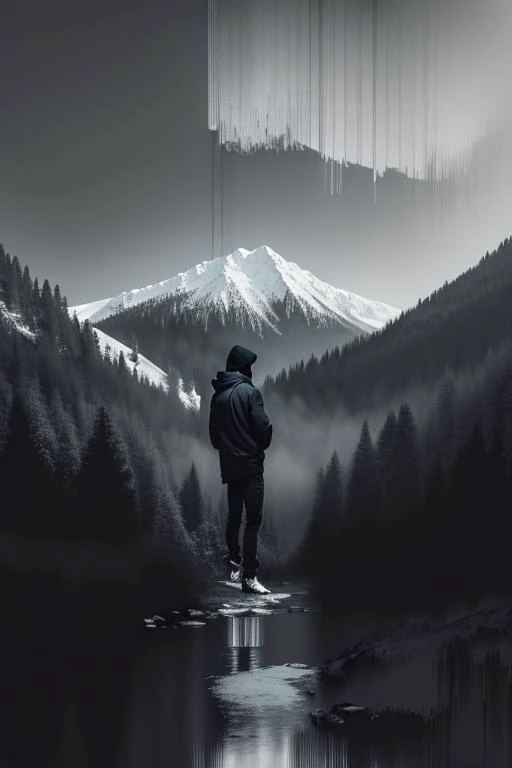 pixel sorting, abstract painting of a man in casual black hood portrait fused with snowy mountain forest, intricate background <lora:Pixel Sorting:1>