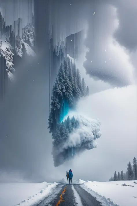 pixel sorting, masterpiece, cute girl portrait, heavy snowing in a winter mountain forest, gray blue atmosphere <lora:Pixel Sorting:1>