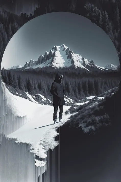 pixel sorting, abstract painting of a man in casual black hood portrait fused with snowy mountain forest, intricate background <lora:Pixel Sorting:1>