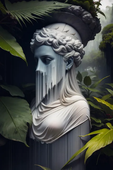 pixel sorting, masterpiece, cute girl portrait, heavy rain in a tropical forest, gray blue atmosphere <lora:Pixel Sorting:1>