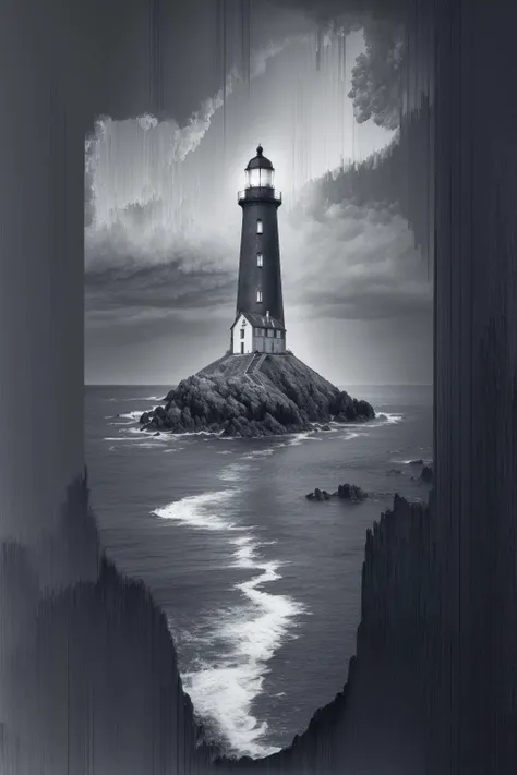 2d flat, hard shadows, precise line-art, pixel sorting, abstract painting lighthouse on the black slate rocky coast, thunder clouds, gray blue atmosphere, overtop view <lora:Pixel Sorting:1>