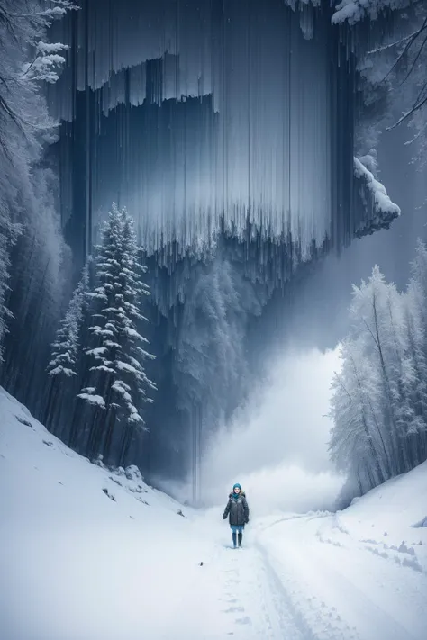 pixel sorting, masterpiece, cute girl portrait, heavy snowing in a winter mountain forest, gray blue atmosphere <lora:Pixel Sorting:1>