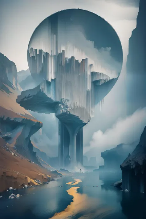 pixel sorting, Brutalist architecture, concrete, grotesque building, massive concrete structure standing tall on a stiff cliff, strata incisions, casting dramatic shafts of light, long shadows, slate aesthethic <lora:Pixel Sorting:1><hypernet:aini:1>