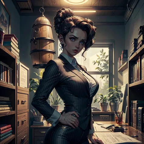 A stunning digital painting of Dana Scully, (full height shot:1.4), realistic, masterpiece, best quality, high detailed, (As X-Files FBI agent, Dana Scully, imagine her in a pinstripe pant suit, tucking her bobbed hair behind her ear while bending over a wooden desk, scrutinizing documents in a dimly lit office. This formidable, highly detailed, high-resolution masterpiece should encapsulate her inquisitive nature and expert analytic proficiency, becoming a mesmerizing piece of art in a glooming, magnificently sharp 8K quality.:1.3),(in the style of Scott Campbell and Stan Lee:1.1), scifi character art, scifi art, cinematic art, comic book art, vibrant high contrast, trending on Instagram, dramatic lighting, ambient occlusion, volumetric lighting, scowling, DeviantArt, hyper detailed illustration, 8k, gorgeous lighting, <lora:VampiricTech:0.35>,vamptech, scifi, (full height portrait:1.8),(Retro-inspired victory rolls that add height and drama to the hairstyle.:1.2)