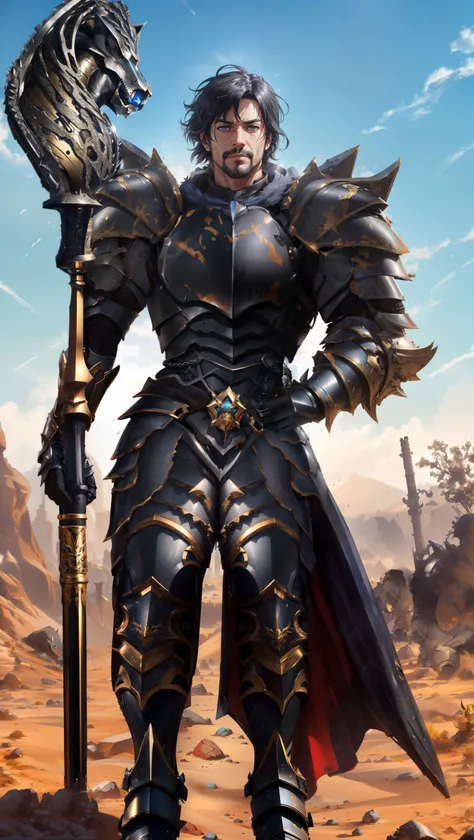 masterpiece, best quality, highres, extremely detailed 8k wallpaper, very clear, 1 man, 40 year old man, mature man, elv, (black hair:1.2), short hair, spiky hair, anime protagonist hair,
(oynx black armor:1.5), (dark armor:1.4), knight, heavy armor, knight armor, ultra detailed armor, beefy armor, thick armor, holding a mace, giant mace, horse head as mace, beefy mace, mace held high
power pose, dynamic pose, character concept, (CGI:0.6), wasteland background, desert, clear air, sunlight from out of image, blizzard entertainment 8 k, rhino rendered, sharp sleek edged black armor, by Dong Yuan, epic and classy portrait, plains, in-game footage
