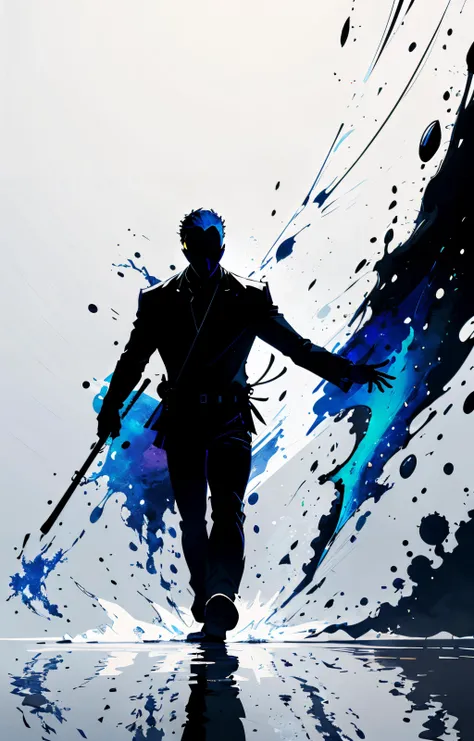 a fine color ink lineart sketching of a men silhouette with a glossy shiny outline vibrant colors (reflective) [volumetric] splash, colorful, best quality, elegant, sharp clear art, black background,, Highly detailed, High Quality, Masterpiece, beautiful, masterpiece, best quality,