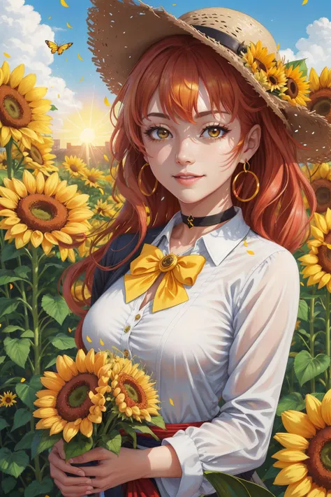 1girl, aerial fireworks, butterfly, black choker, blue, blue sky, bouquet, bug, cloud, cloudy sky, earrings, daisy, dandelion, day, dress, earrings, field, flower, flower earrings, flower field, flower pot, ginkgo leaf, hat, hat flower, holding, holding bouquet, holding flower, jewelry, lens flare, lips, looking at viewer, nail polish, orange flower, orange slice, outdoors, petals, pink lips, rainbow, red nails, see-through, sky, smile, solo, straw hat, summer, sun hat, sunflower, sunflower hair ornament, sunset, white dress, wind chime, windmill, yellow flower, (yellow theme:1.4), masterpiece, best quality, highres, extremely detailed 8k wallpaper, very clear