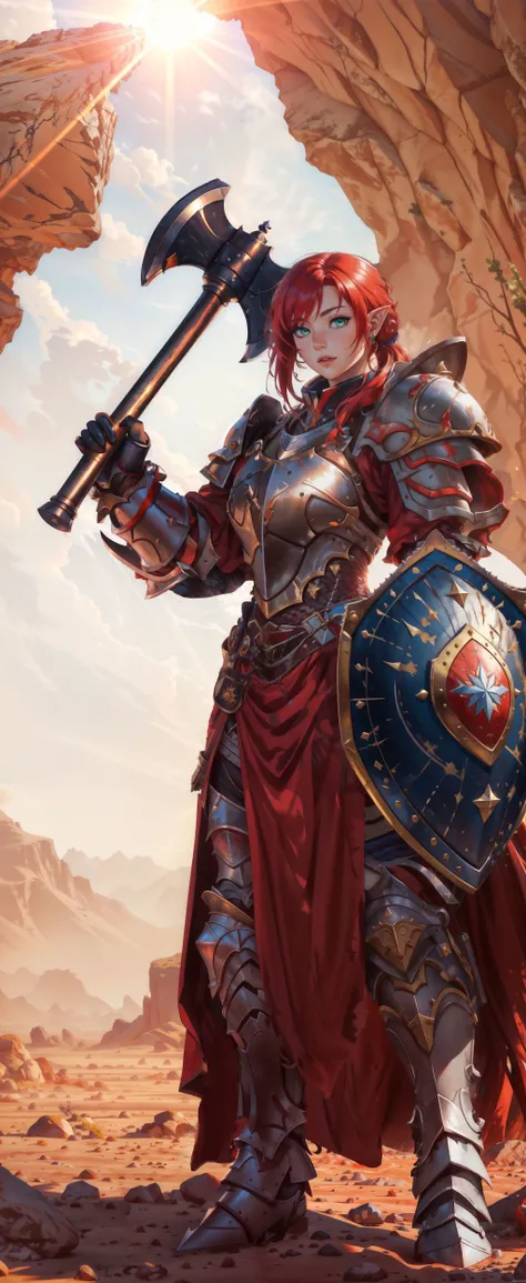 masterpiece, best quality, highres, extremely detailed 8k wallpaper, very clear, 1 girl, elv, (red hair:1.2), bright hair, (high ponytail:1.4), knight, heavy armor, knight armor, white and red armor, ultra detailed armor, beefy armor, thick armor, holding a sholding an axe, holding axe in the air, ready to swing her axe, beefy axe, power pose, dynamic pose, character concept, (CGI:0.6), wasteland background, desert, clear air, sunlight from out of image