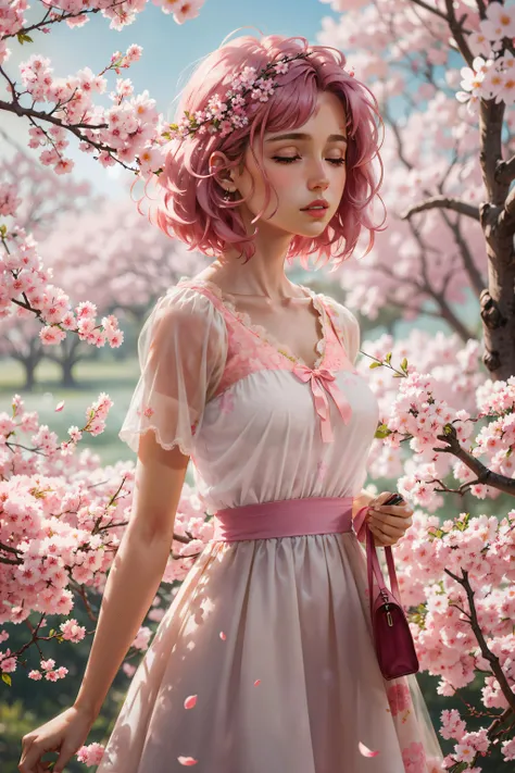best quality, masterpiece, ultra high res, cowboy shot, (photorealistic:1.4), raw photo, official art, 1girl, soft facial expression, looking to the side, natural skin texture, closed eyes, enjoying the breeze, living in the moment, imperfect skin, parted lips, rouge \(makeup\), short hair, (pink hair:1.2), sun, cherry blossoms, many flowers, around, solo, standing, upper body, white dress, holding dress, pink style, blurry, depth of field, <lyco:pseudo_daylight:0.8>