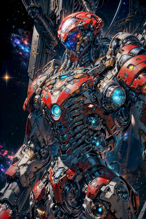 (((upper body shot))), ((best quality)), ((masterpiece:1.4)), (extremely detailed), (8k, high quality, cinematic, hyperrealistic, illustration, absurdres, octane render, fantastic realism, vibrant color, high detail, rich textures, accurate anatom, natural form, symmetrical, flawless, high-resolution, depth-filled, polished, consistent style, innovative design, perfect proportions, properly aligned features, precise, harmonious colors, soft lighting, creative, fluid movement, intricately detailed, dynamic perspective, balanced composition, 3-dimensional, natural posing, high contrast), ((((Full-body, white armor, red panels, hyper-detailed blueprint of a Galactic Gladiator Mech. Its monumental, chrome silhouette radiating in the brilliant, relentless starlight, its casing shimmering with the sleek reflectivity of polished metal. Clusters of its comet-white circuits, intertwined with glimmering power threads woven from stellar dust, trail around its muscular form, sparkling in the eternal cosmos. Its visor slits, resembling twin burning stars, reflect the tranquility of the interstellar void with their unwavering, burning gaze. Donned in dense, ((nebula-red:1.4 armor)), engraved with stellar constellations and laced with silver wiring, it clenches a complex photon sword, its blade thrumming with radiant gamma energy, charging a daunting, star-searing strike. Heavy, celestial-engraved mech boots resonate with a deep thrum on the star-forged platform. It stands at the precipice of a space station, surveilling a vast galactic arena, the harsh brilliance of countless stars reflecting off its armor, painting a fearsome tableau in shades of iron and crimson)))), (cinematic lighting, rim light, key light, fill light, backlight, ambient light, hair light, accent light, three-point lighting, volumetric light), (zoom out:1.3, depth of field, f/4 aperture, wide-angle lens, HDR, golden ratio, leading lines, framing, prime lens, color grading), <lora:MISC_ADD_DETAIL:0.7>, <lora:MISC_ADD_DETAILS_LYKON:0.4>, mecha, scifi, armor, 3d model, robotic soldier, brutal armor, heavy metal design, closed helmet), (subdivision, cyber muscle, angular design, mechanical, carbon-fiber, high-tech, pistons, robotic frame, metal joints, rubber cables), (scifi, hard surface, armor, metal bolts, robotic, industrial, structures, sub-d), <lora:MISC_NOISE_OFFSET:0.5> (bloom, rim lighting, studio lighting, soft lighting, low key), <lora:MISC_LOWRA:0.5>, <lora:MISC_Robort:0.8> robort,